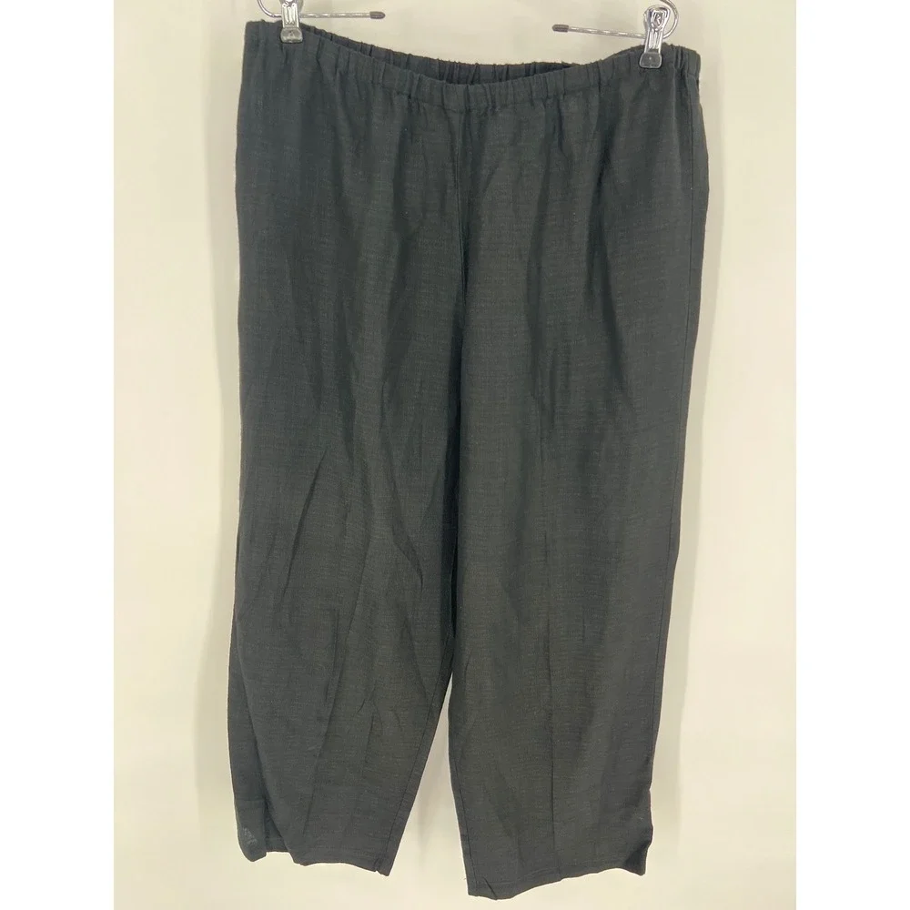 EILEEN FISHER Linen Cropped Pants Women L Black Wide Leg Trousers Italian Fabric